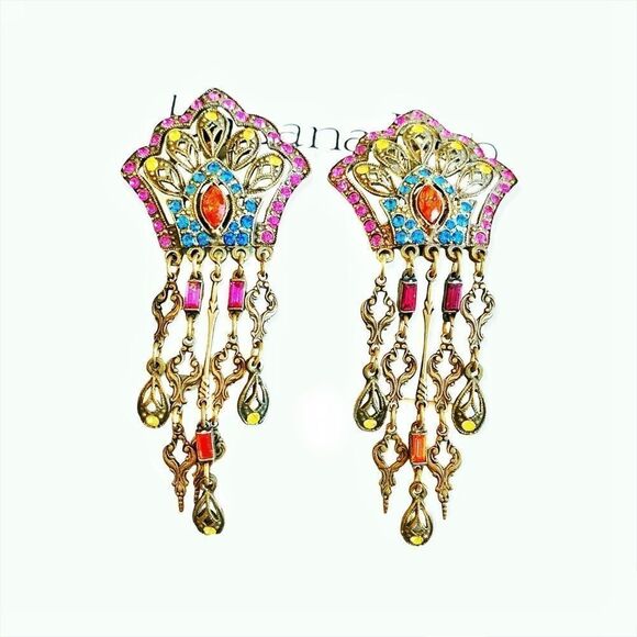 Vtg Banana Bob colorful Spanish moorish theme chandelier earrings clip backs - Picture 6 of 7